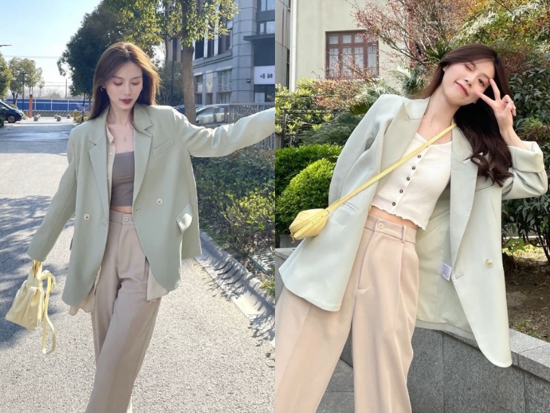 Áo blazer pastel kết hợp quần ống rộng đi chơi tết