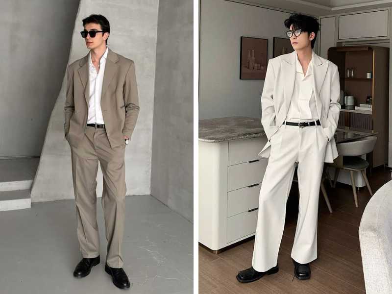 Mix blazer với quần ống rộng nam và sơ mi
