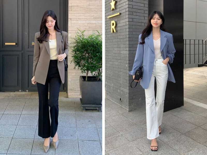 Áo blazer mix quần ống rộng và áo hai dây