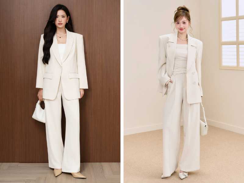 Áo blazer mix quần ống rộng và áo cúp ngực