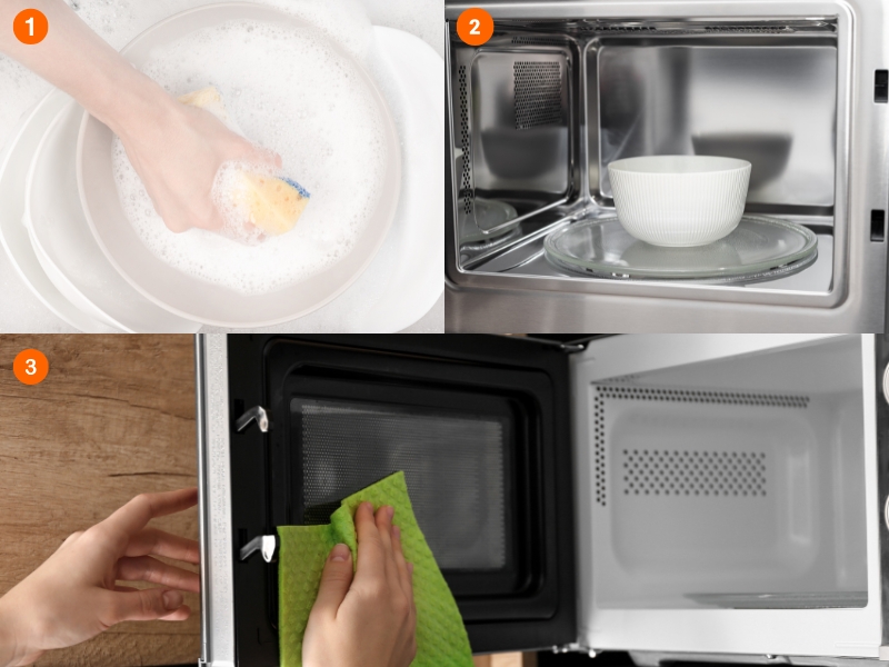 lau chùi lò vi sóng bằng nước rửa chén