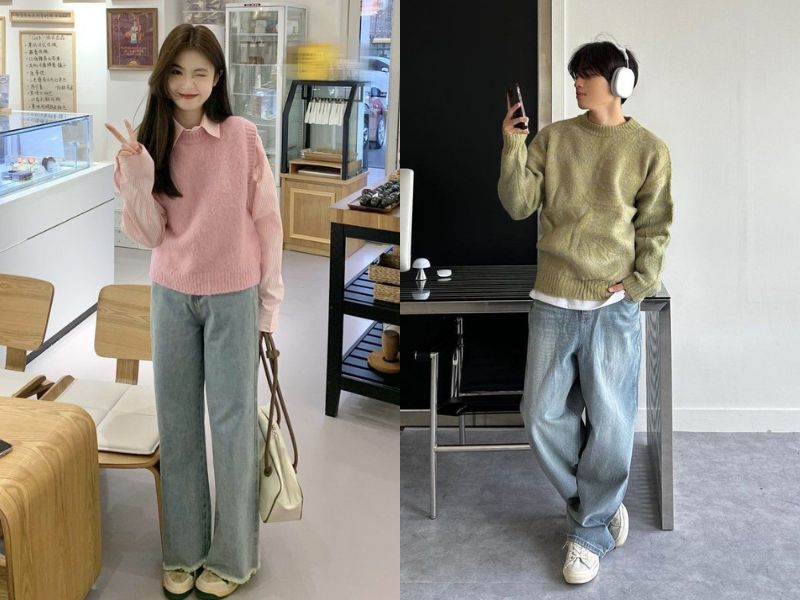 áo len quần jean giày sneaker đi chơi tết