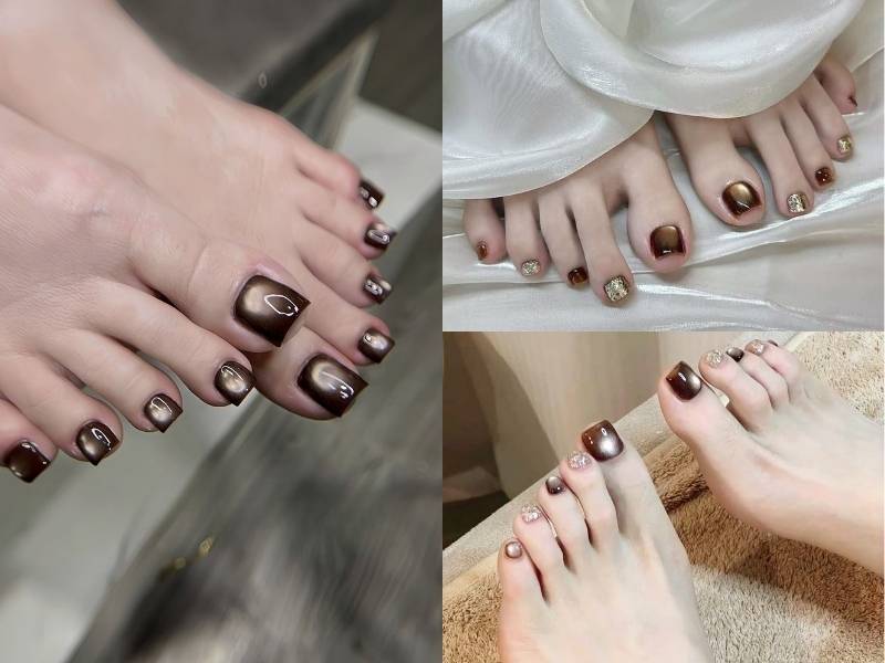 Mẫu móng chân đẹp chơi Tết sơn mắt mèo