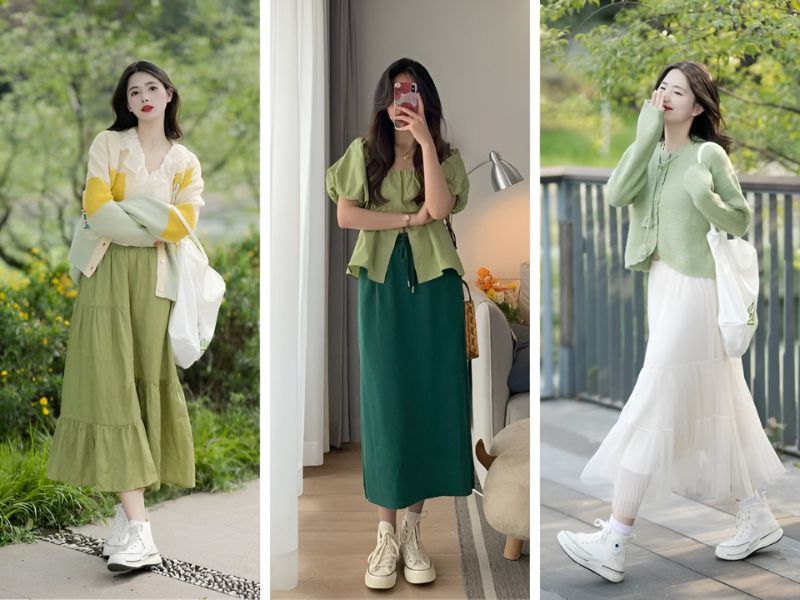 Phối chân váy dài và giày sneaker cổ cao