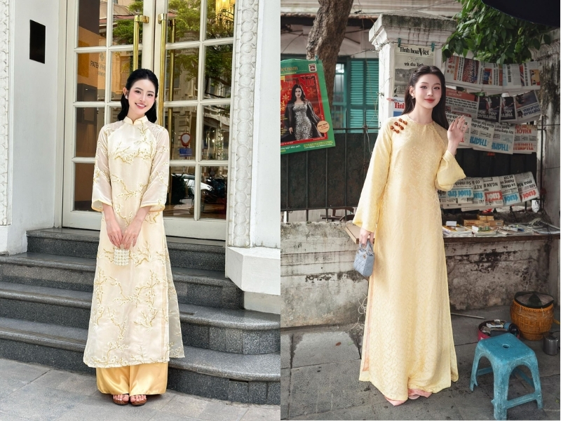 mệnh kim mặc áo dài vàng vải gấm