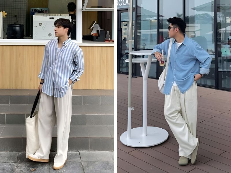 Phối đồ với áo sơ mi và quần ống suông kiểu layer