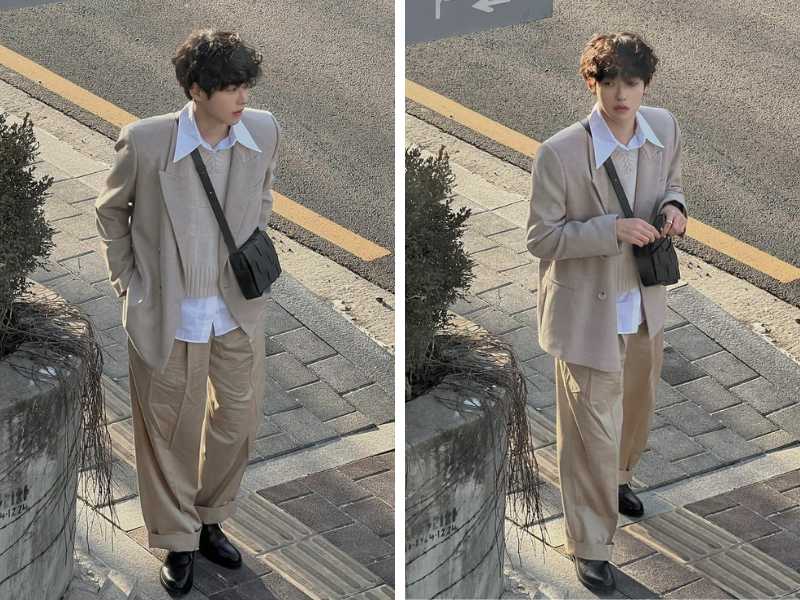 Phối áo blazer với quần ống rộng và gile nam