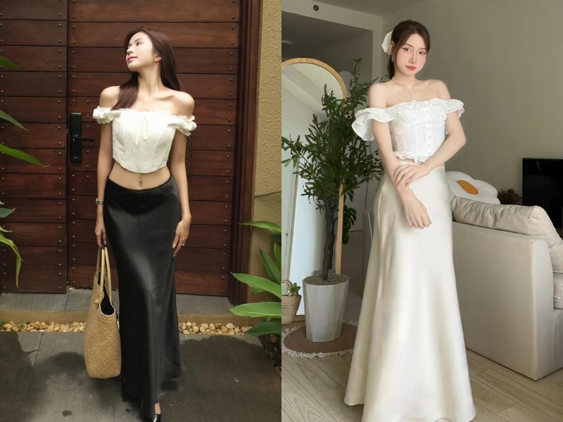 Áo bẹt vai ngắn phối chân váy lụa