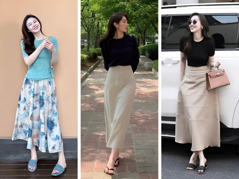 Phối chân váy dài với dép lê
