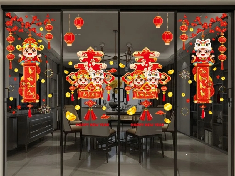 Mẫu decor cửa kính Tết đẹp 