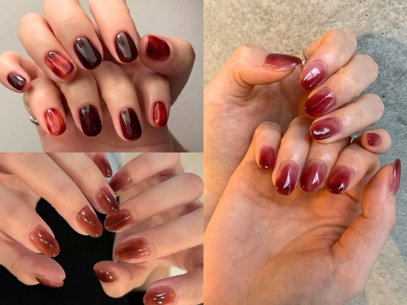 Nail đỏ phối ombre hoặc nhấn nhũ nhẹ