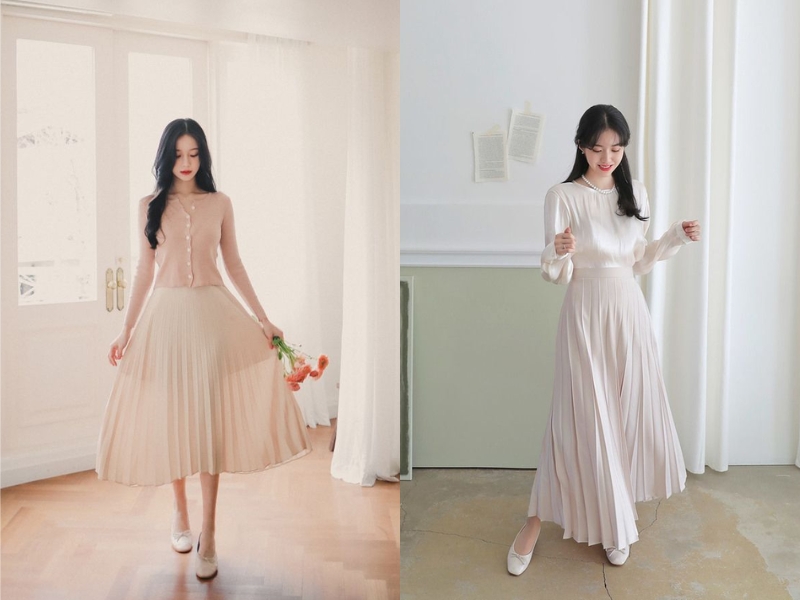 chân váy xếp ly phối áo tay dài
