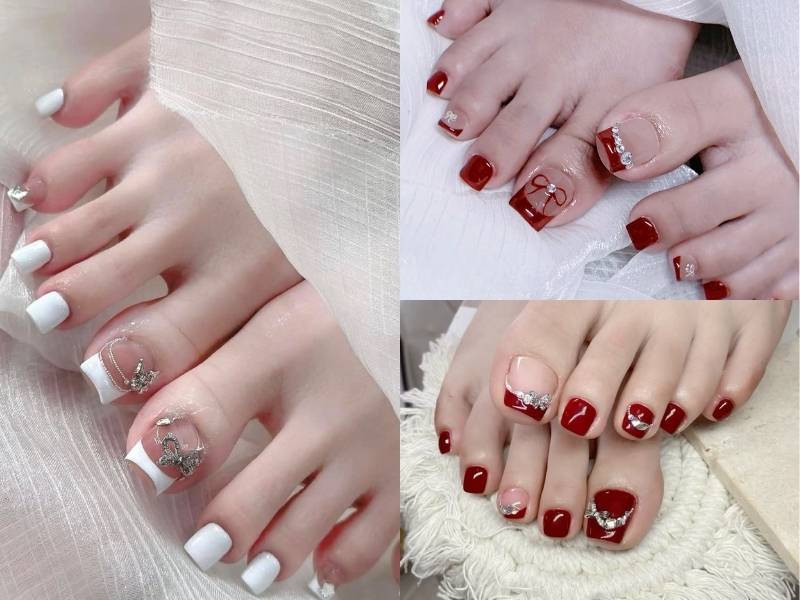 Mẫu nail chân Tết sơn french đầu móng