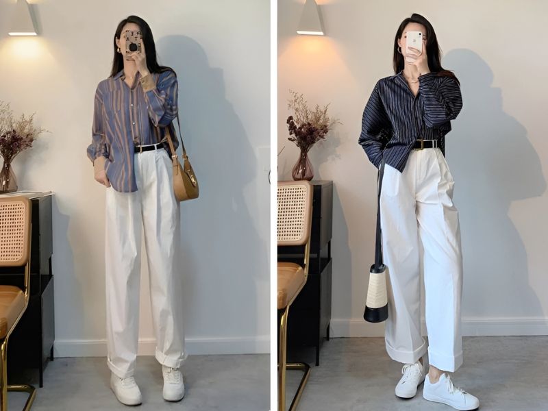 Phối áo sơ mi kẻ sọc và quần ống suông trắng
