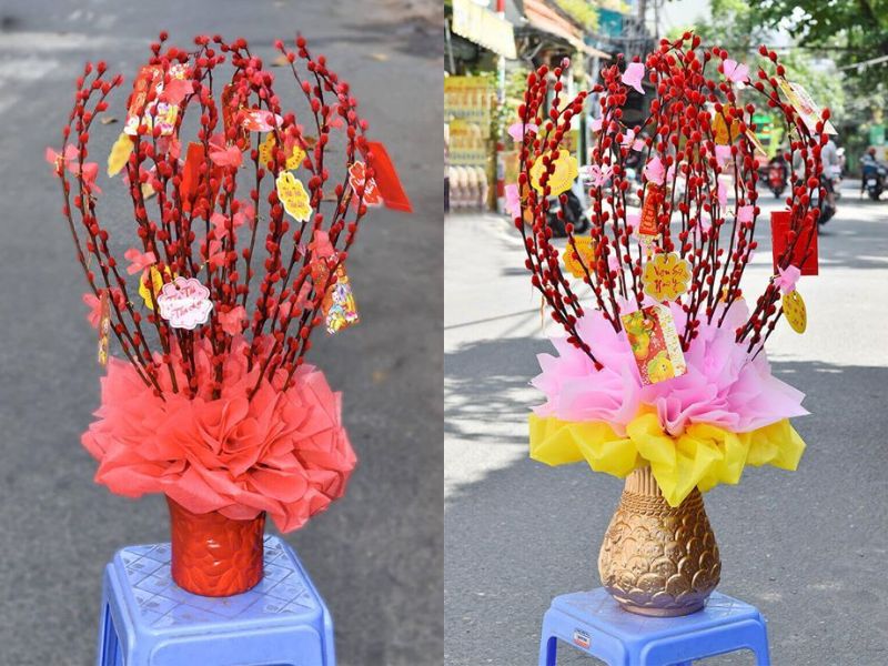 trang trí miệng bình chậu nụ tầm xuân