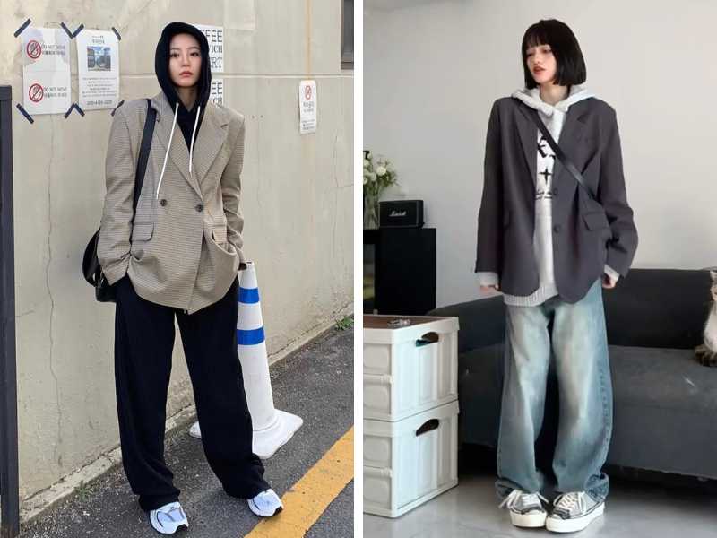 Áo blazer kết hợp với quần ống rộng và hoodie