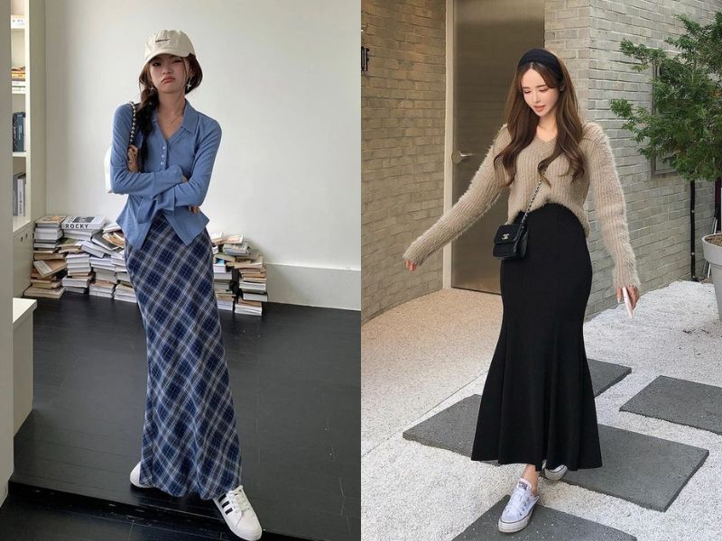 áo cardigan hoặc áo len với chân váy đuôi cá