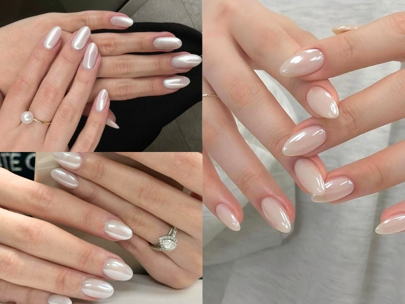 Nail trắng gạo tráng gương trendy