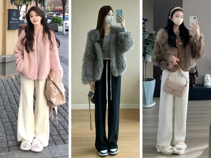 Phối áo khoác lông và quần vải