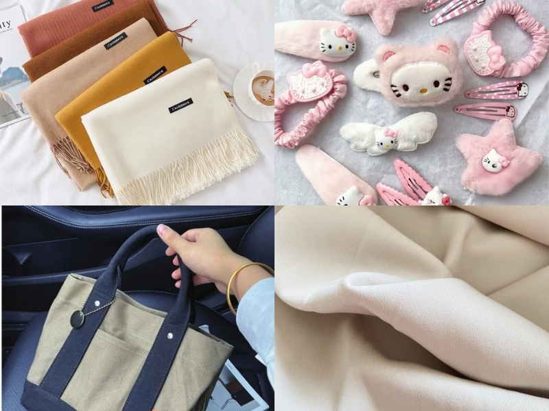Khăn choàng cổ mỏng, phụ kiện tóc nhỏ xinh, túi tote vải đơn giản, vải may đồ