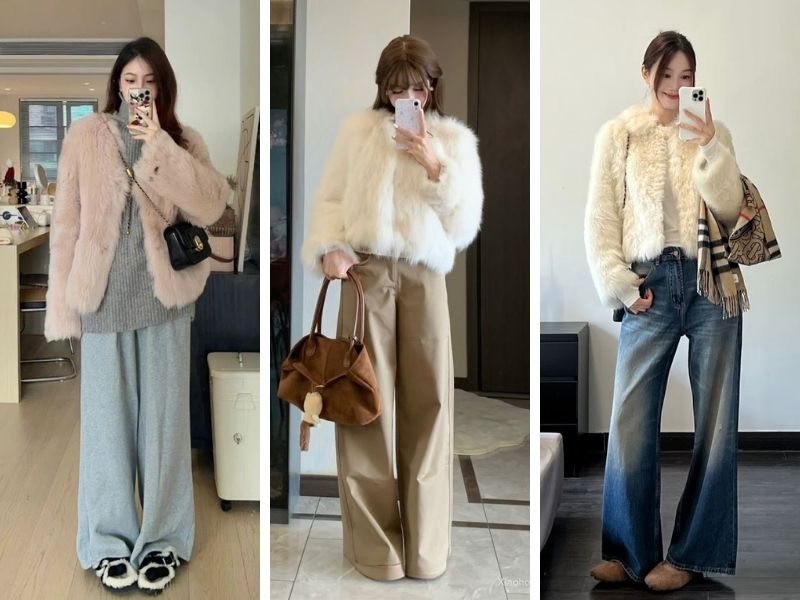 Phối áo lông và quần ống suông