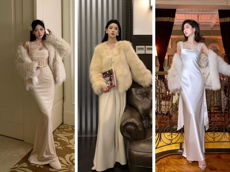 Phối áo khoác lông ngắn và đầm lụa