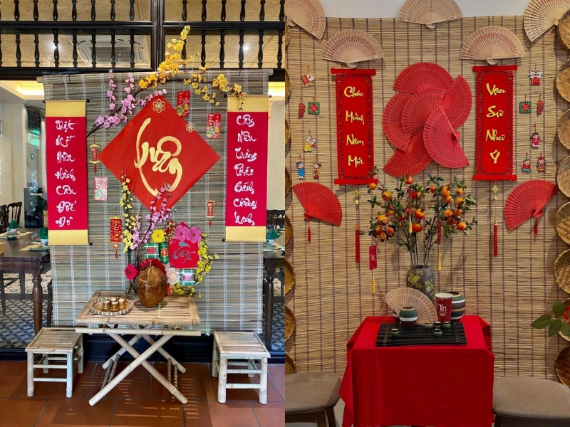 Trang trí tết quán cafe bằng câu đối đỏ 