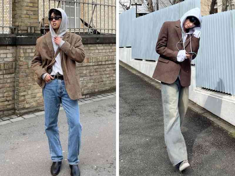 Mix áo blazer và quần ống rộng với hoodie