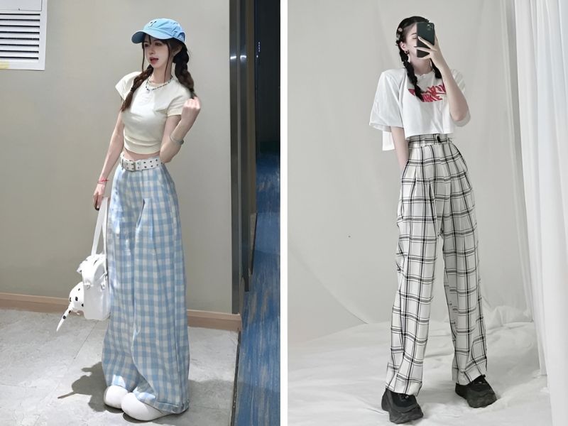 Phối áo thun croptop và quần caro