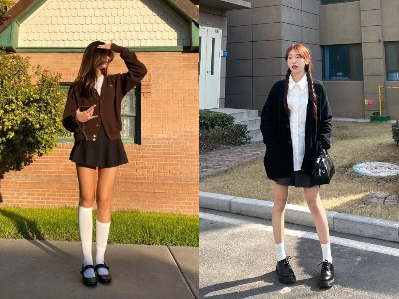 Chân váy xòe màu đen mặc với áo cardigan