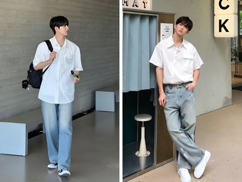 Phối áo trắng và quần jean nam