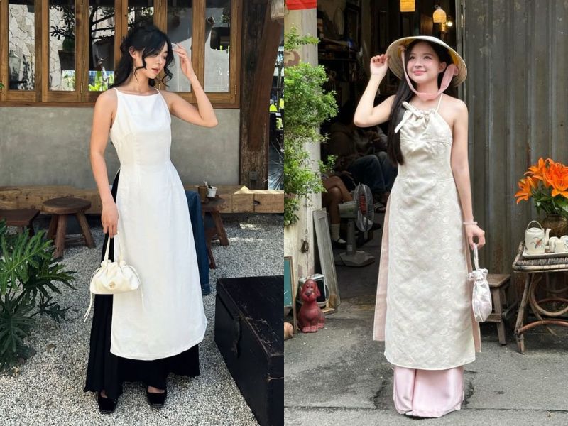 áo dài cổ yếm tone trắng
