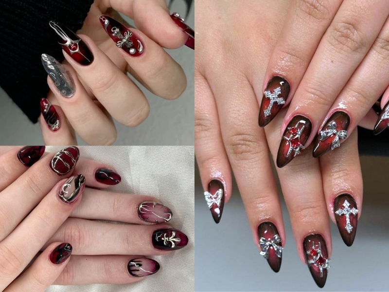 Nail đỏ đen cá tính phong cách hiện đại.