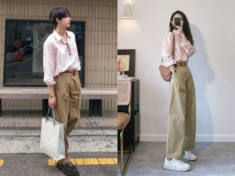 áo sơ mi hồng với quần be