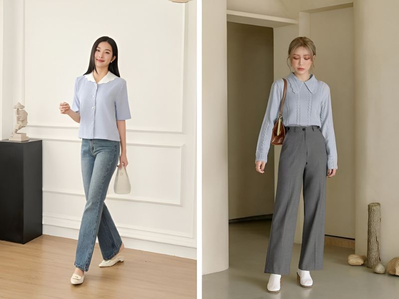 Phối áo sơ mi cổ mây và quần ống suông