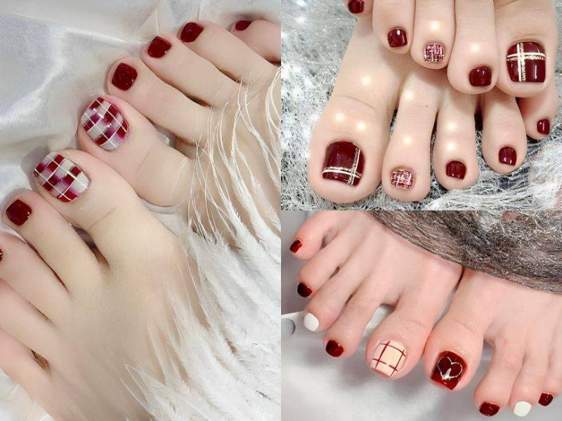 Mẫu móng chân đón Tết kẻ sọc