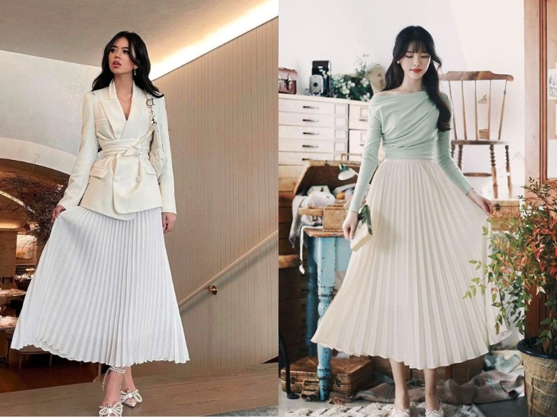 Chân váy dài xếp ly phối áo tay dài
