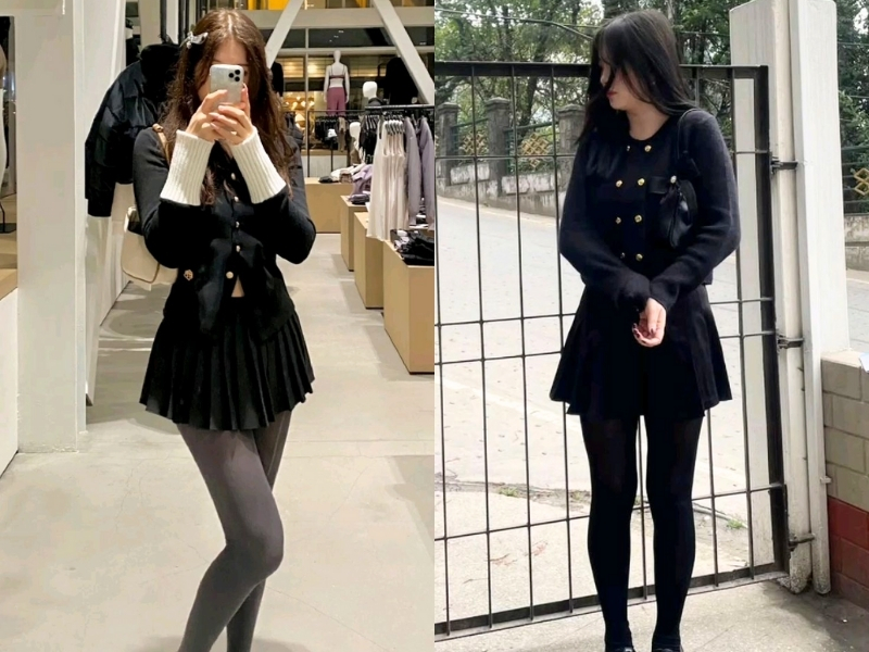 Phối đồ với chân váy xòe đen cùng áo len mỏng