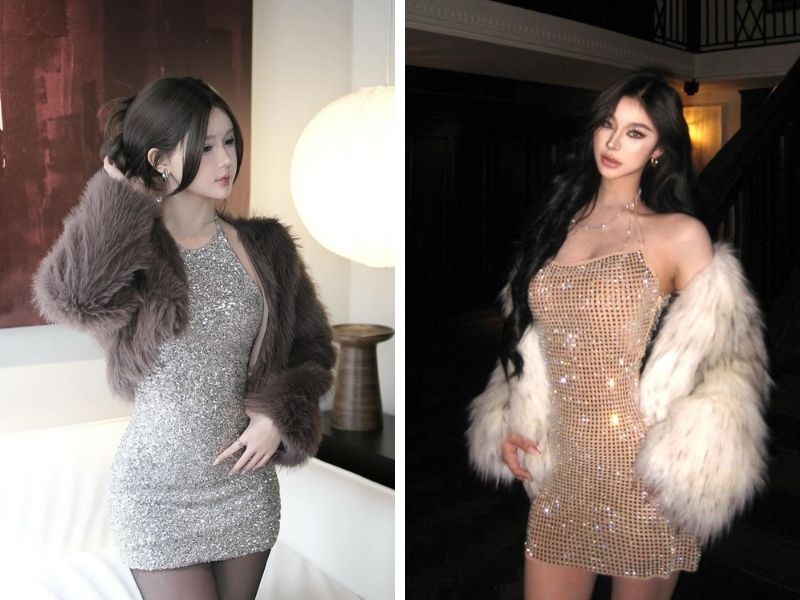 Phối áo lông và đầm kim sa