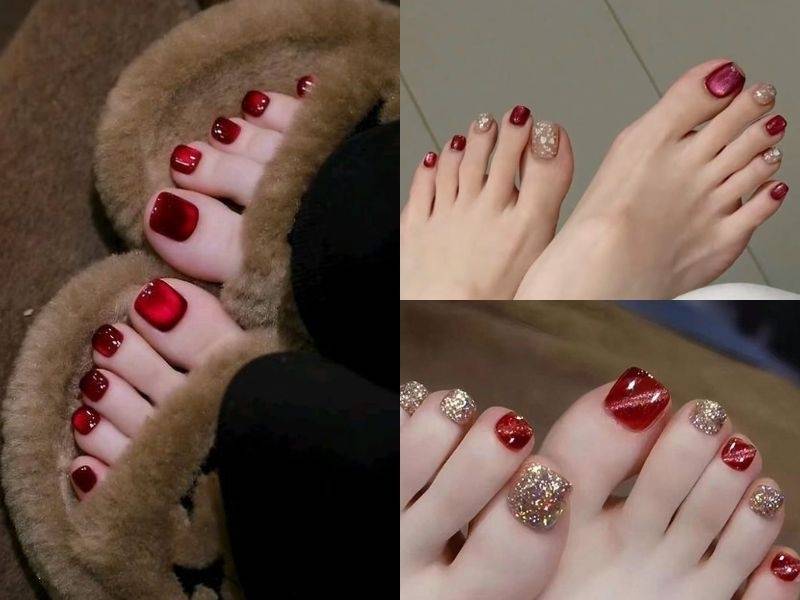 Mẫu sơn móng chân Tết mắt mèo