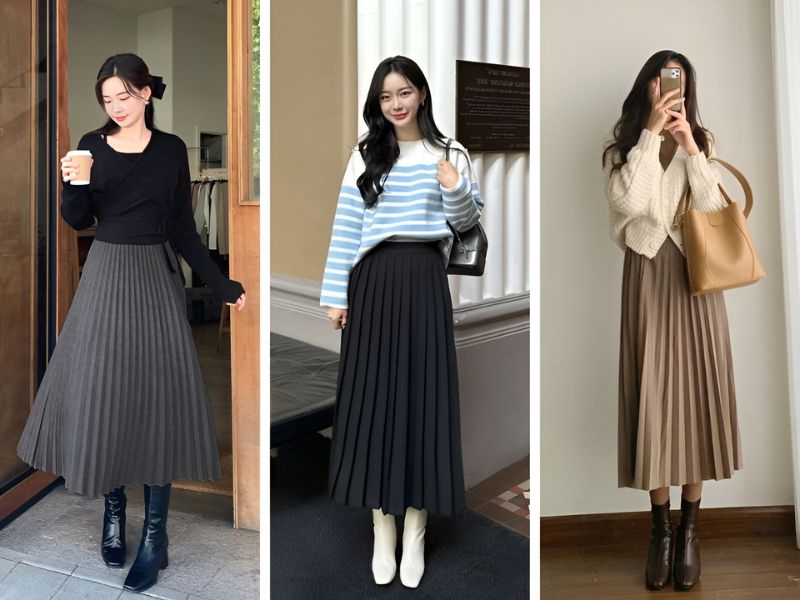 Phối chân váy midi và boot cổ lửng
