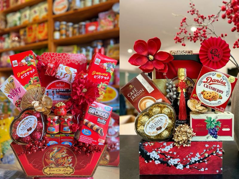 giỏ quà tết với bánh kẹo