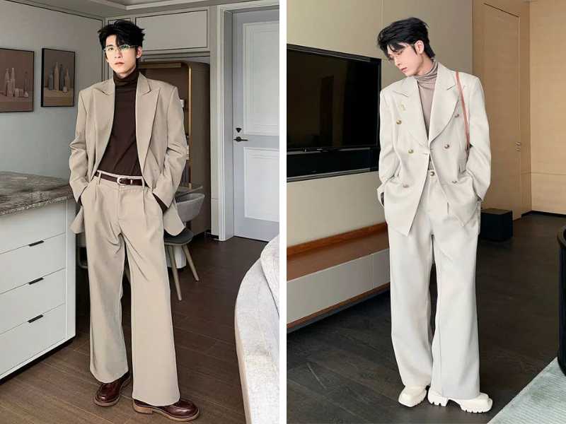 Áo blazer mix quần ống rộng với áo cổ lọ