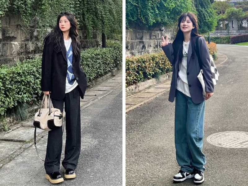 Áo blazer và quần ống rộng với áo thun nữ