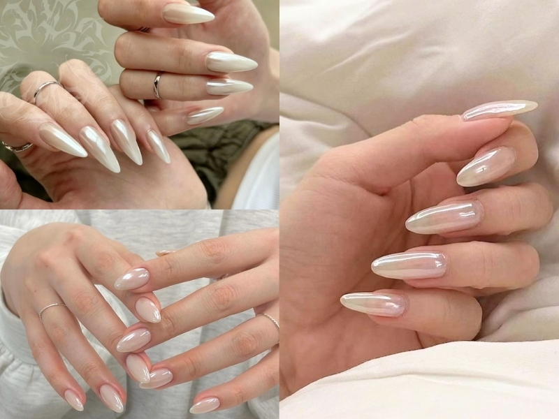 Nail trắng gạo tráng gương trendy