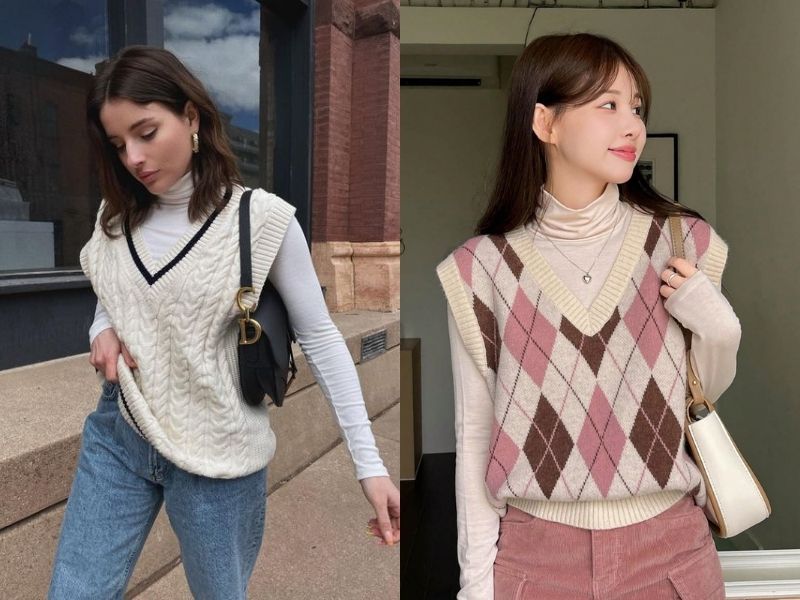 Phối áo gile với áo thun dài tay 