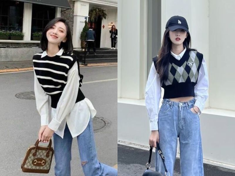 Áo gile mix áo sơ mi và quần jean 