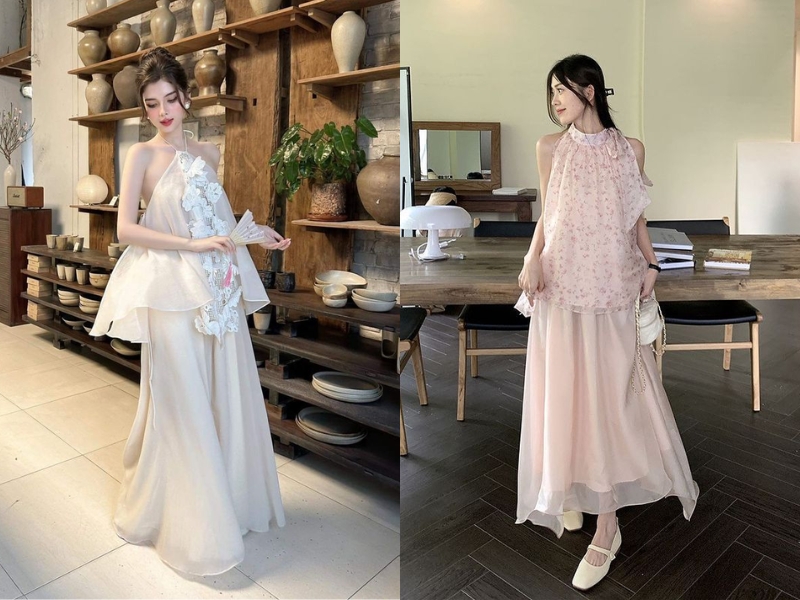 Chân váy dài xòe phối áo yếm