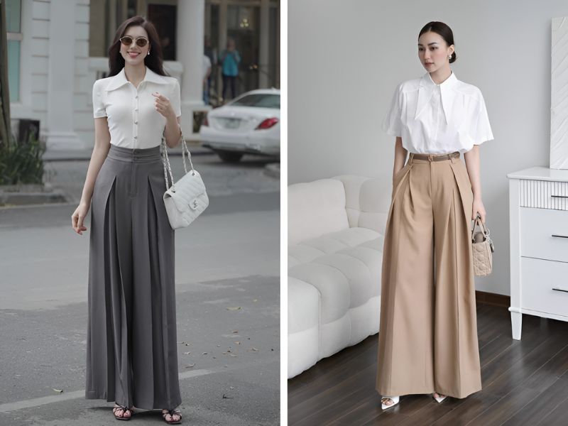 Phối áo sơ mi và quần giả váy dài