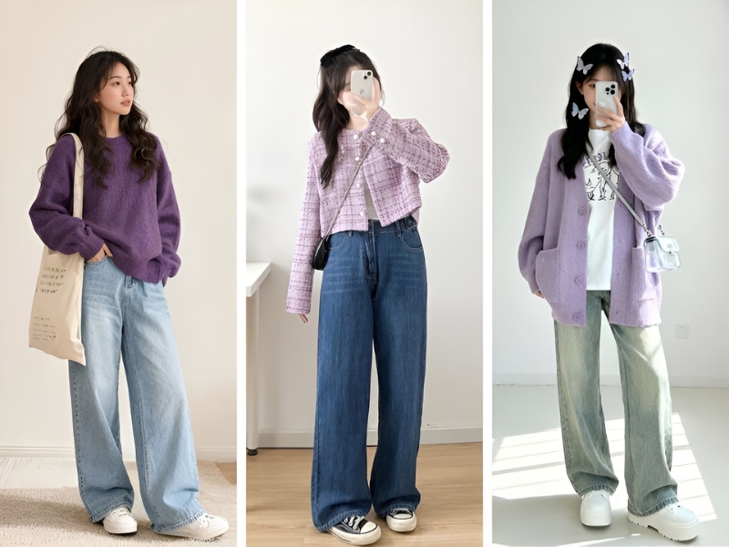 Phối áo len tím và quần jean